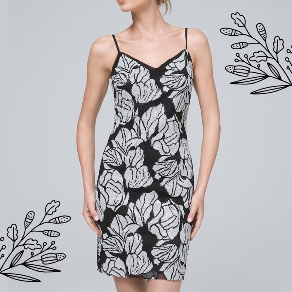 WHITE HOUSE BLACK MARKET Floral Sequin Shift Slip Spaghetti Strap B&W Dress
